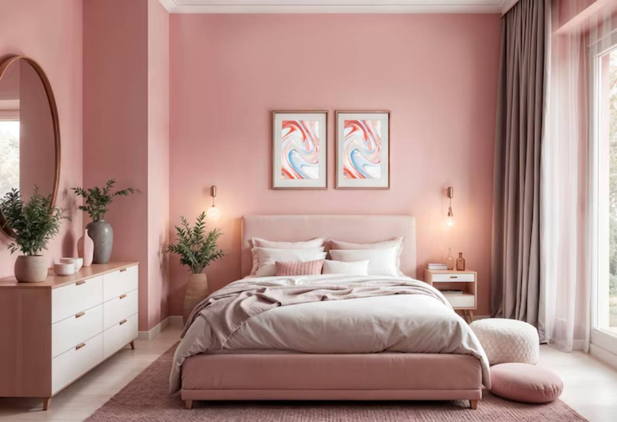 A cozy pink bedroom featuring a plush bed, decorative plants, stylish artwork, and soft lighting, creating a warm, inviting atmosphere.