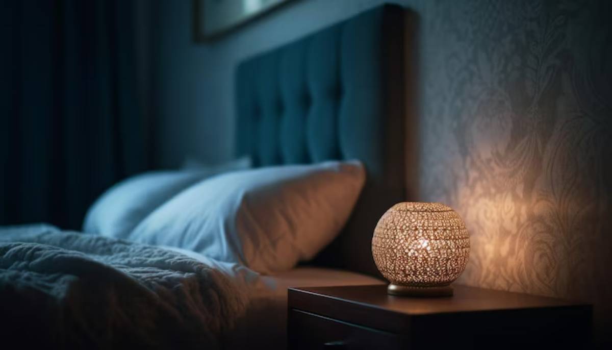 A softly lit bedroom scene featuring a cozy bed with white pillows and an intricate glass lamp casting a warm glow on a nightstand.