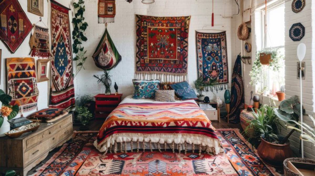 Cozy bohemian bedroom with vibrant rugs and tapestries, featuring a bed with colorful pillows and lush greenery.