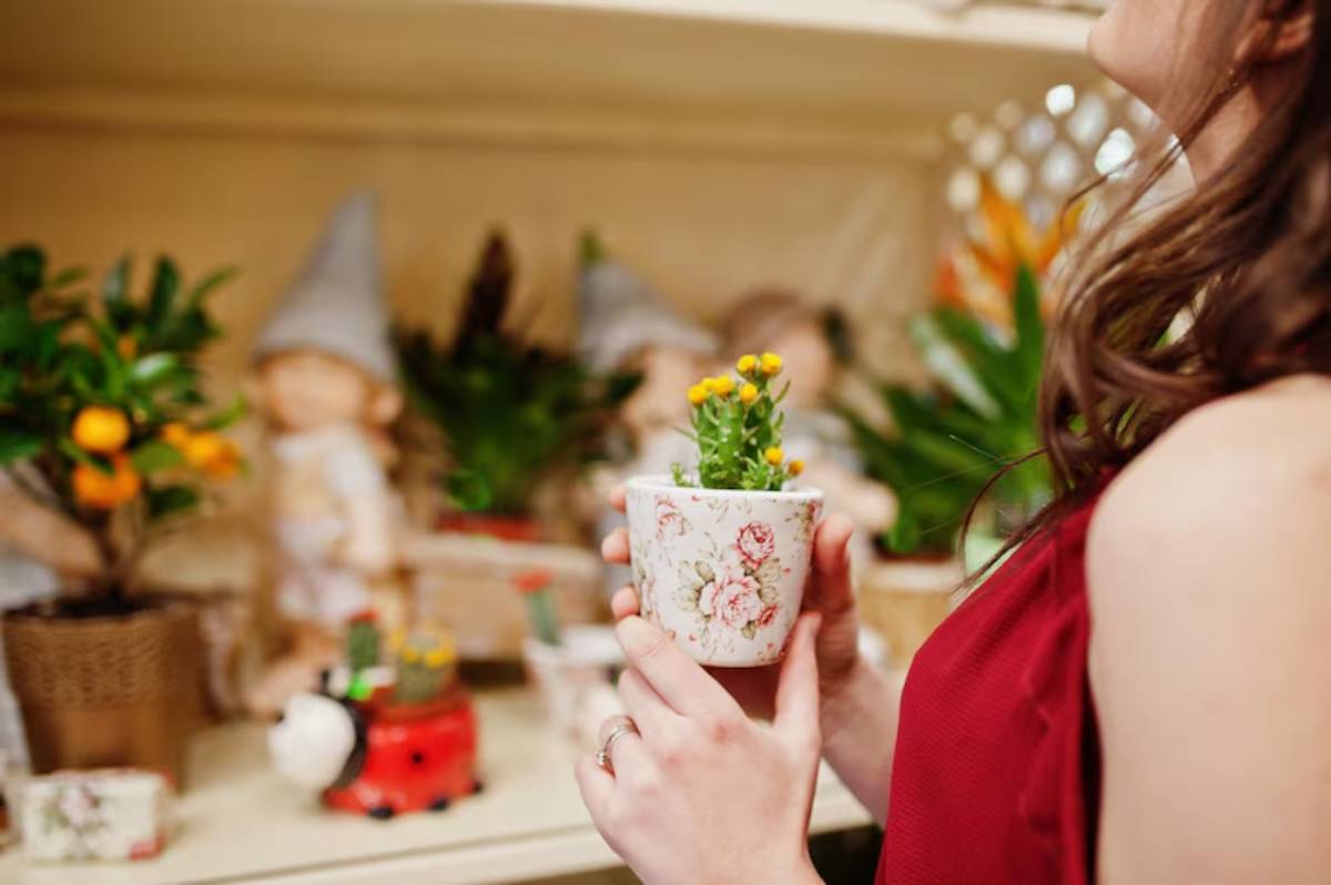 A woman in a red dress holds a floral-patterned pot with a cactus and small yellow flowers, surrounded by decorative plants and figurines.