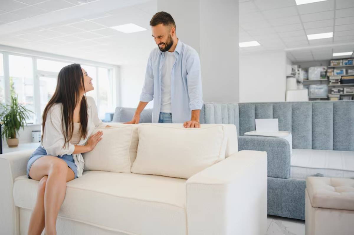 A woman and a man engage in conversation while sitting on a white couch in a bright furniture store filled with modern sofas.
