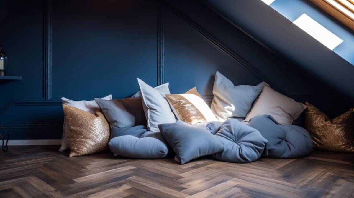 Cozy corner in an attic with various grey and gold pillows on polished wooden flooring, illuminated by soft natural light.