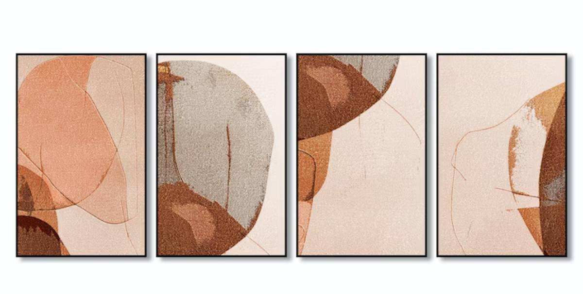 Four abstract art pieces in soft beige, peach, and gray tones, featuring organic shapes and fluid lines, framed for modern decor.
