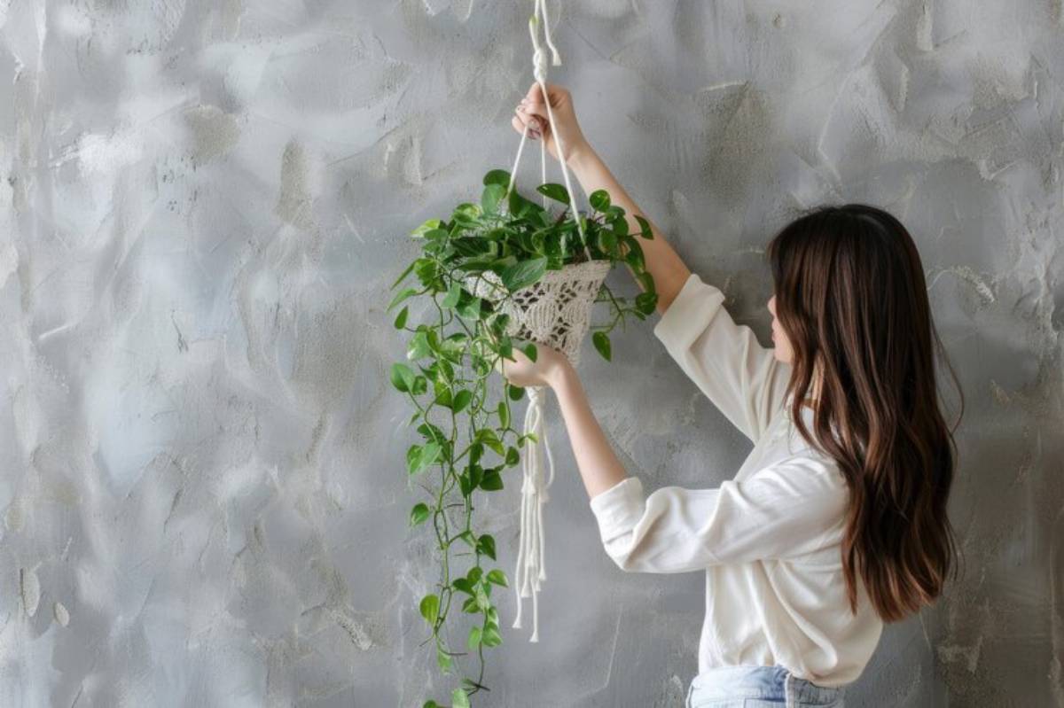 A woman with long hair hangs a macramé planter filled with cascading green plants against a textured gray wall.