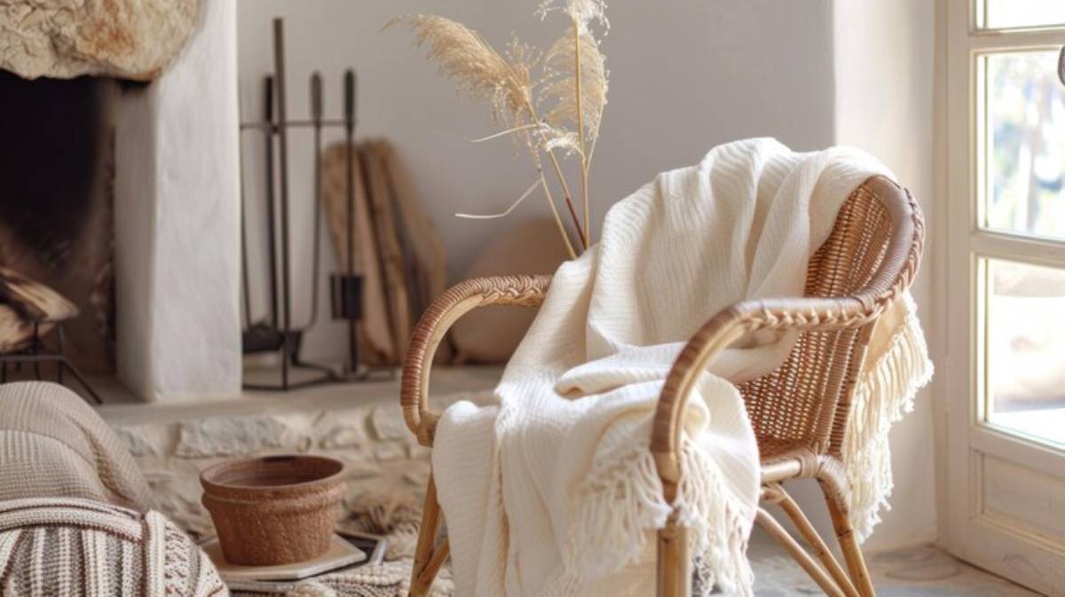 Cozy rattan chair draped with a white blanket, beside a warm fireplace, with soft sunlight streaming through a window.