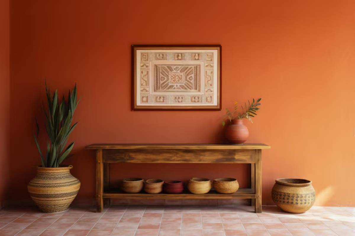 A wooden console table with decorative pottery and a plant against an orange wall, featuring a framed art piece above it.