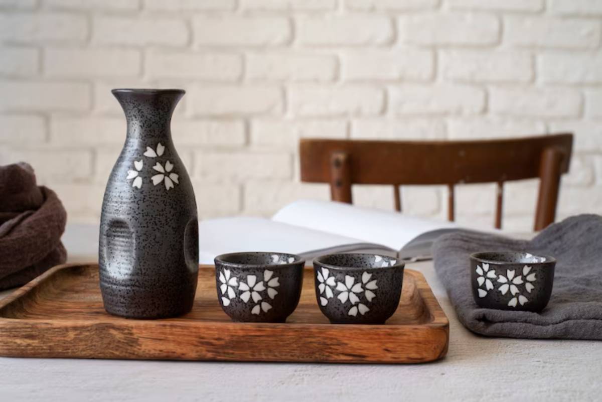 A black ceramic sake set with cherry blossom designs, arranged on a wooden tray, with a gray cloth and open book in a cozy setting.