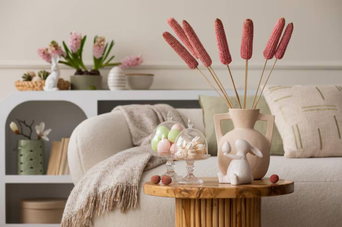 A cozy living space featuring a beige sofa, decorative flowers, a wooden side table, and stylish vases with colorful treats and bunny figurine.