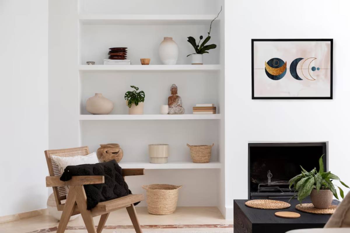 A cozy living room featuring a wooden chair with a textured black pillow, shelves adorned with pottery and plants, and a stylish artwork on the wall.