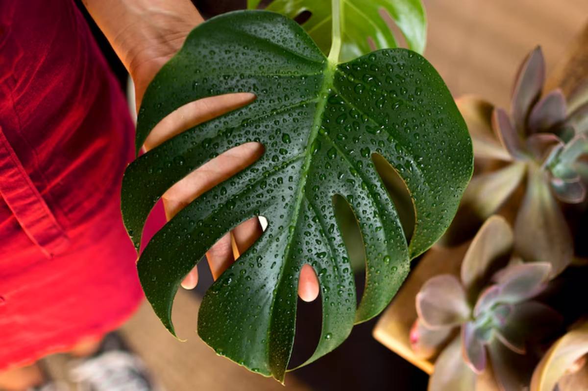 A hand holds a large, glossy green Monstera leaf covered in water droplets, with soft-focus succulents in the background.