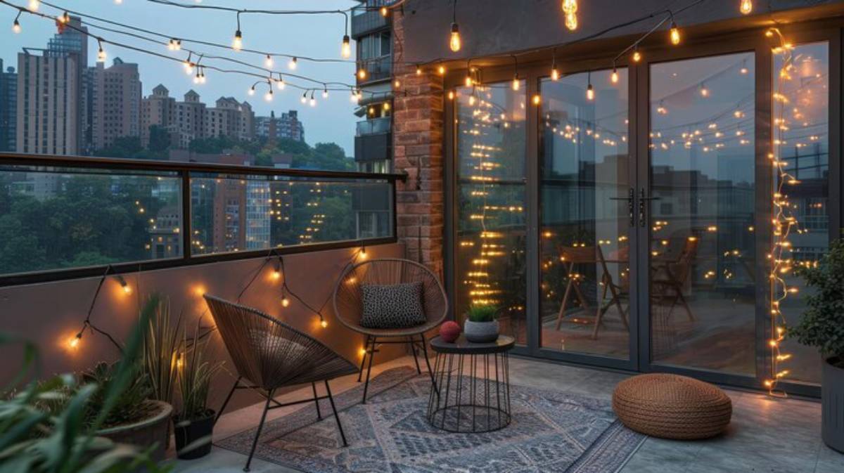 Cozy balcony adorned with warm string lights, comfortable seating, and greenery, overlooking a cityscape at twilight.