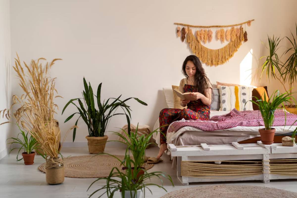A cozy, bright room featuring a woman reading on a bed surrounded by potted plants and warm decor accents.