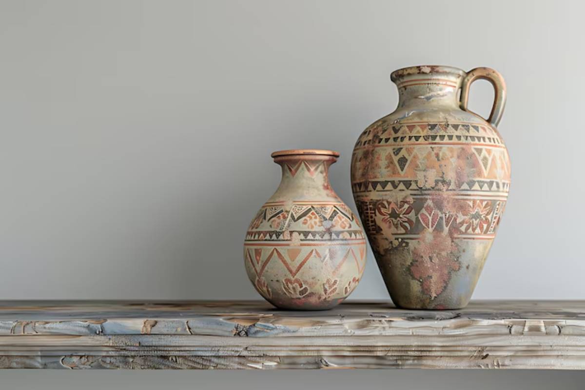 Two decorative, patterned ceramic vases with earthy tones rest on a textured wooden shelf against a neutral wall.