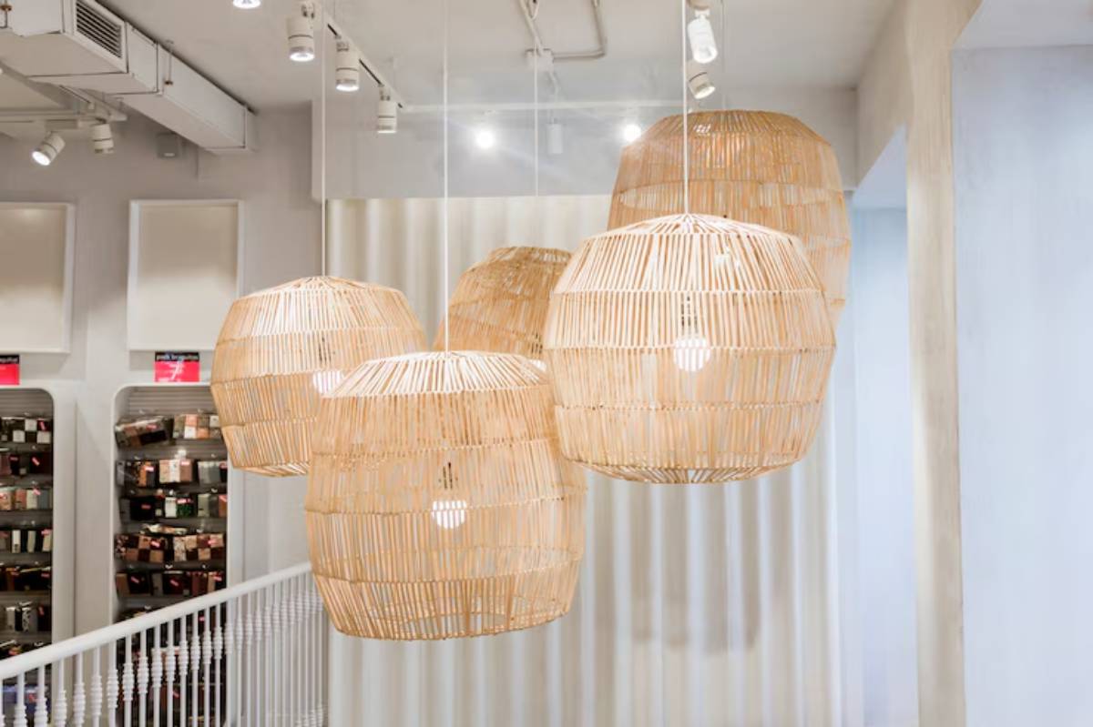 Five woven rattan pendant lights hang from a ceiling in a modern, bright interior space.