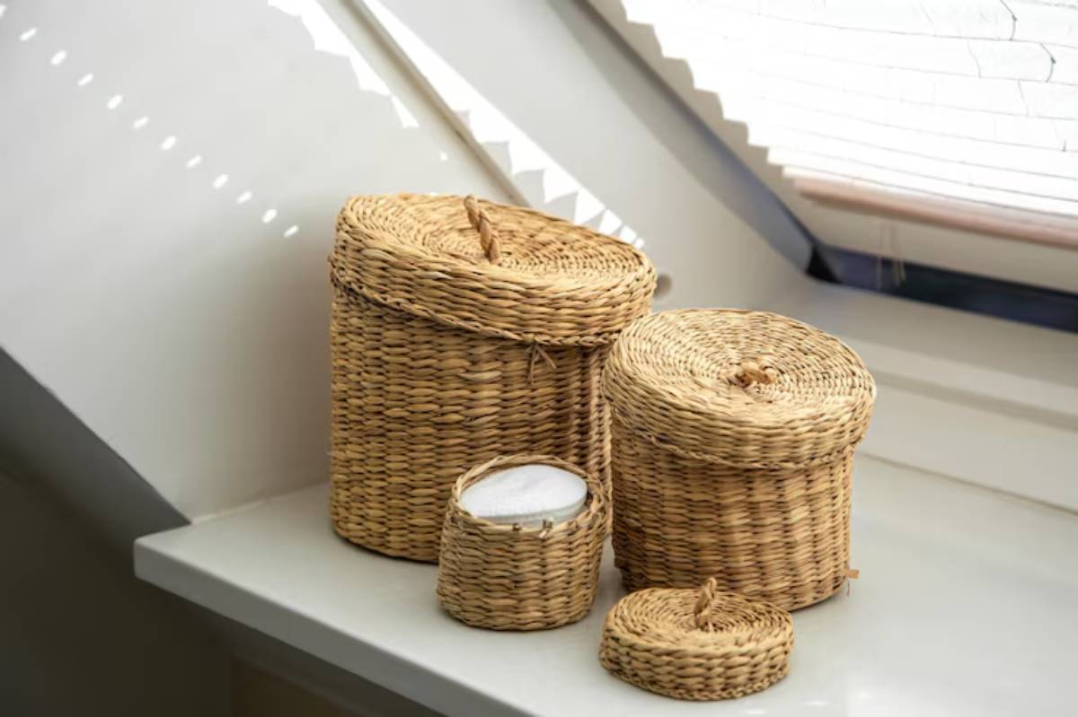 Three woven wicker baskets with lids, varying in size, placed on a white surface by a window with soft light.