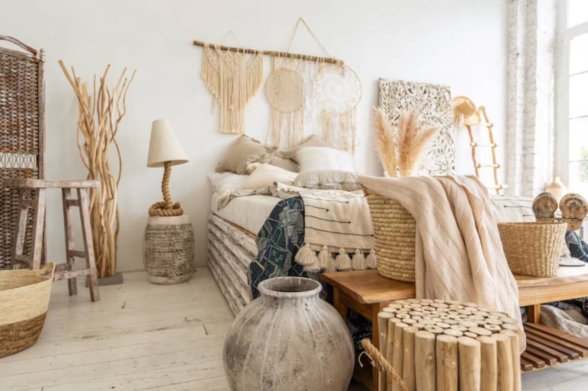 A cozy bedroom featuring natural decor, including woven baskets, a textured blanket, and decorative wall hangings in neutral tones.