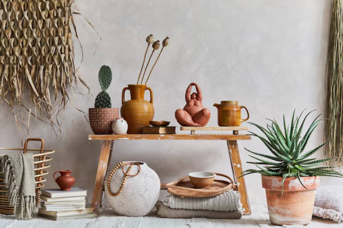 A styled shelf featuring pottery, vases, and plants, set against a textured wall. Natural elements create a cozy, earthy ambiance.