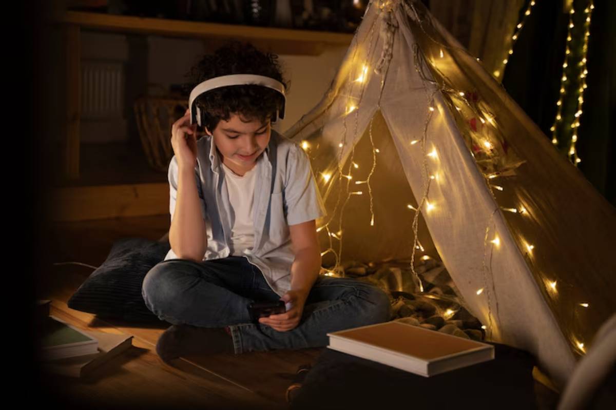 A child wearing headphones sits cross-legged on the floor, using a smartphone beside a cozy tent adorned with fairy lights.