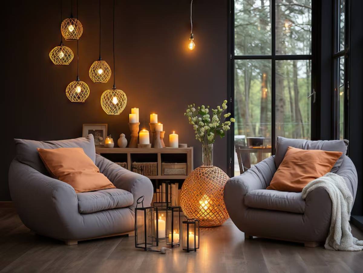 Cozy living room with two soft chairs, warm lighting, candles, and a decorative vase, creating an inviting ambiance.