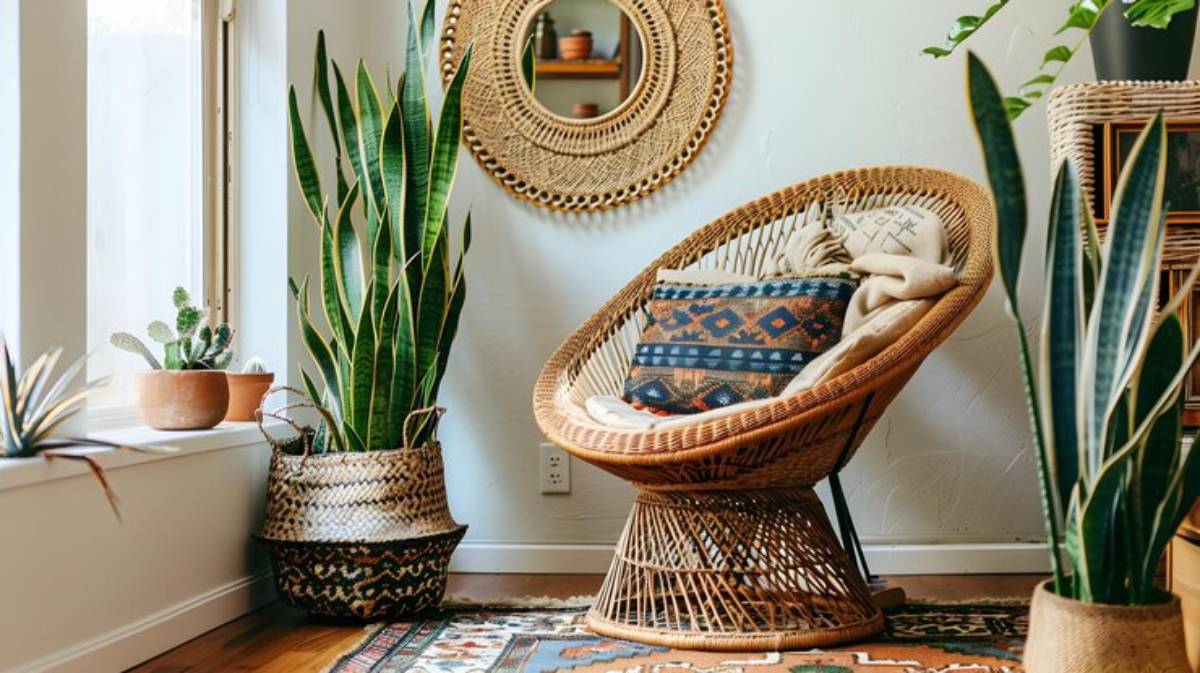 A cozy corner featuring a woven chair with patterned cushions, surrounded by indoor plants and a decorative mirror on the wall.