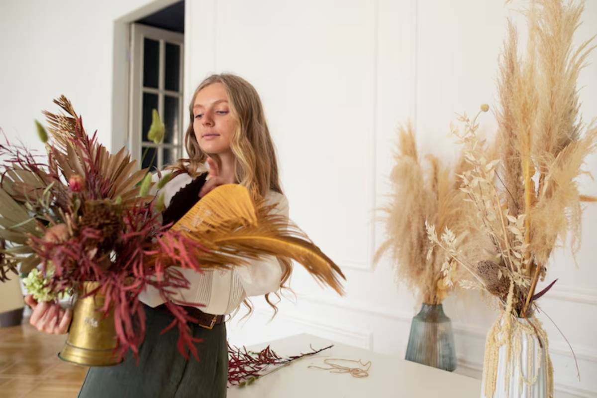 A person holding a vibrant bouquet of dried flowers with various textures and colors, surrounded by decorative arrangements in a bright room.