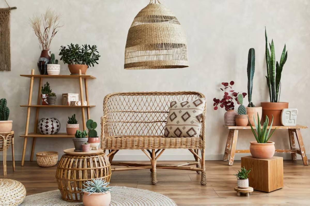 A cozy bohemian living space featuring a rattan couch, assorted potted plants, and earthy decor, illuminated by a woven pendant light.