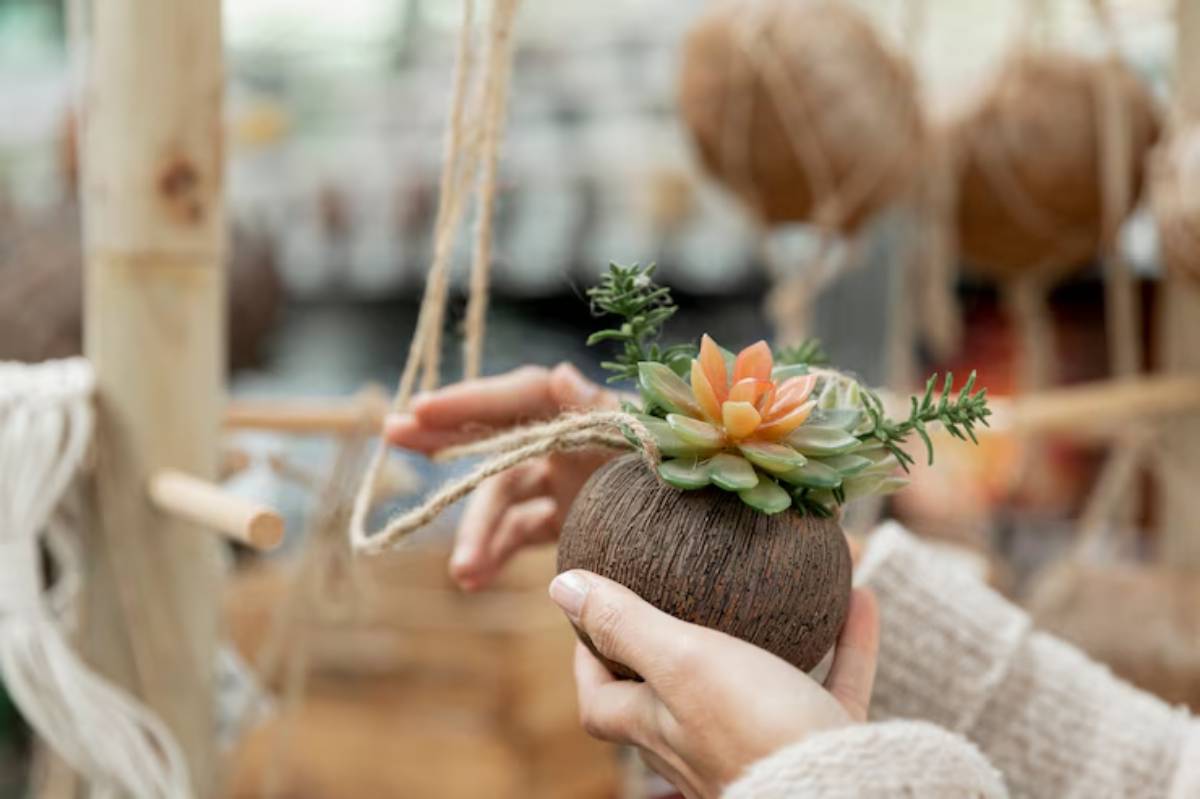 A person holds a hanging succulent arrangement in a round, textured pot, surrounded by macramé and natural decor elements.